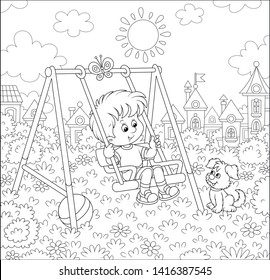 Smiling little boy on a toy swing on a playground in a park of a town on a sunny summer day, vector illustration in a cartoon style for a coloring book