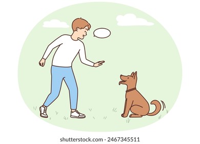 Smiling little boy playing with cute dog outdoors. Happy kid have fun teaching commands funny puppy. Domestic animals and children. Vector illustration.