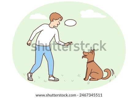 Smiling little boy playing with cute dog outdoors. Happy kid have fun teaching commands funny puppy. Domestic animals and children. Vector illustration.