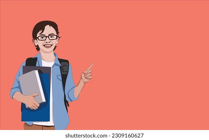 Smiling little boy pointing to classroom in casual clothes with books for studying in school isolated