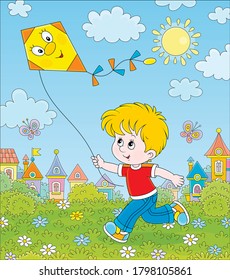 Smiling little boy running and playing with a funny toy kite against a background of colorful houses of a small town on a sunny summer day, vector cartoon illustration