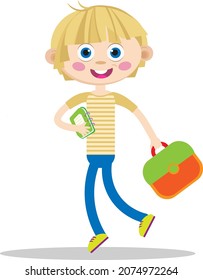 A Smiling Little Boy With Schoolbag Goes To Lessons. A Teen Runs To School. A Preschooler Comes To Preschool Or Elementary Classes. For Teachers Greetings And Cards Or Classroom Decorations And Pr