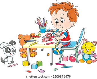 Smiling little boy sitting at his table and drawing with color pencils a funny picture, vector cartoon illustration on a white background 