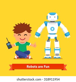 Smiling little boy sitting on the floor playing with remote controlled humanoid robot standing next to him. Flat style vector illustration isolated on white background.