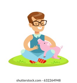 Smiling little boy sitting on green grass and petting small pink pig. Colorful cartoon character vector Illustration