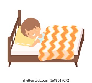 Smiling Little Boy Sleeping in His Bed under Blanket Vector Illustration