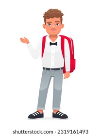 A smiling little boy stands with a red backpack on his back. A beautiful cute schoolboy child in a white shirt with a bow tie. Vector cartoon illustration on a white background.