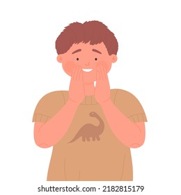 Smiling little boy touching his face. Surprising kid gesture and emotion vector illustration