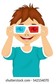 smiling little boy trying on 3d glasses