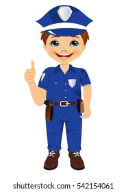 smiling little boy wearing police uniform giving thumbs up