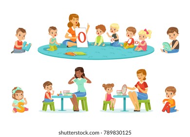 Smiling little boys and girls sitting on the floor and studying alphabet with their teacher set. Childrens activity in the kindergarden colorful vector illustrations