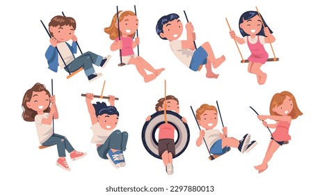 Smiling little boys and girls swinging on swing set. Happy children having fun outdoors cartoon vector illustration