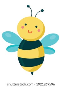Smiling little bumblebee is flying. Cute baby cartoon character. Flat vector illustration isolated on a white background.