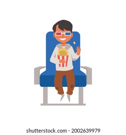 Smiling little child boy eating popcorn and watching movie, flat vector illustration isolated on white background. Children cinema entertainment activity.