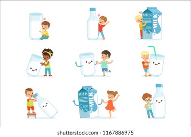 Smiling little children playing and dancing with large boxes, mugs and bottles of milk, set for label design. Colorful cartoon characters