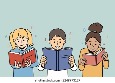 Smiling little children reading books together. Happy kids have fun enjoy literature at school. Education and learning. Vector illustration. 