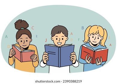 Smiling little children reading books together. Happy kids have fun enjoy literature at school. Education and learning. Vector illustration.
