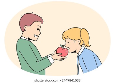 Smiling little children share fresh apple. Happy boy give bite delicious fruit with girl kid. Childhood and friendship. Vector illustration.