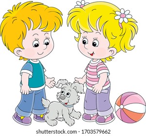 Smiling little children talking and walking together with a cheerful grey puppy, vector cartoon illustration on a white background