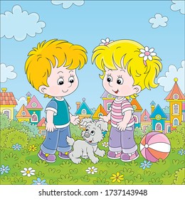 Smiling little children talking and walking together with a cheerful grey puppy in a green town park on a sunny summer day, vector cartoon illustration