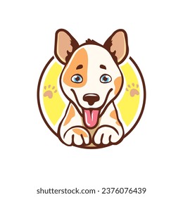Smiling little dog logo in round shape, paw prints sign, funny puppy vector cartoon design