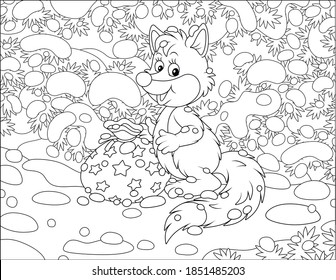 Smiling little fox with a bag of holiday gifts under snow-covered fir branches in a snowy winter forest, black and white outline vector cartoon illustration for a coloring book page