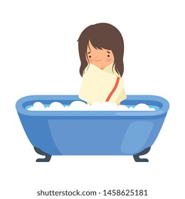 Smiling Little Girl After Bath Wrapped in Towel, Adorable Child Taking Bath in Bathtub Full of Foam in Bathroom, Daily Hygiene Vector Illustration