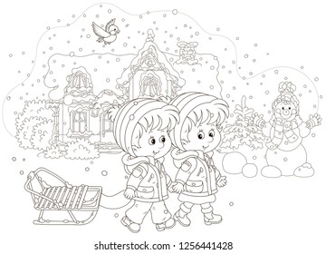 Smiling little girl and a boy walking with a small sled against a snow-covered house and a funny snowman, black and white vector illustration in a cartoon style