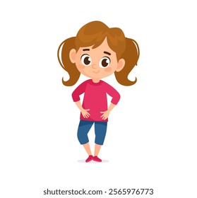 A smiling little girl character standing with her hands on her hips. Cute and friendly vector cartoon girl character with brown hair in pigtails isolated on white background. Flat style kid.