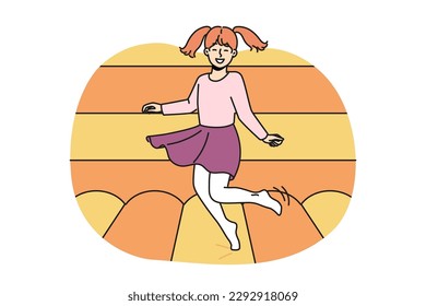 Smiling little girl child jump on trampoline. Happy kid have fun on playground, enjoy playing in inflatable castle. Vector illustration. 