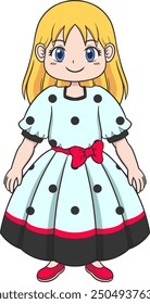 Smiling Little Girl In A Cute Polka Dot Dress. Little Girl With Blonde Hair And Blue Eyes Wearing Dress. Vector Illustration, Simple Anime Cartoon Art Style.