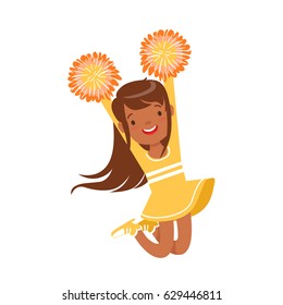 Smiling little girl dancing with yellow pompoms. Colorful cartoon character vector Illustration