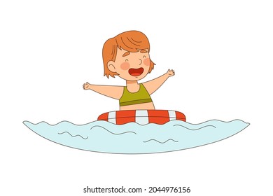Smiling Little Girl Enjoying Summer Swimming in Sea Water with Rubber Ring Vector Illustration