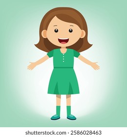 Smiling little girl in a green frock, standing happily with a cheerful expression