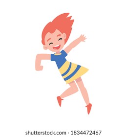 Smiling Little Girl Happily Jumping, Cute Happy Kid in Dress Having Fun Cartoon Style Vector Illustration