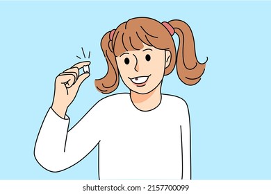 Smiling little girl hold in hands first baby tooth. Happy small kid demonstrate milk tooth missing in mouth. Children oral care and dentistry concept. Vector illustration. 