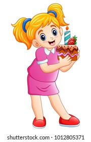 Smiling little girl holding birthday cake isolated on white background