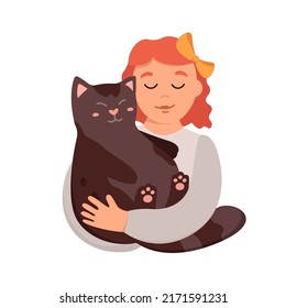 Smiling little girl hugging her cat. Child petting kitty, adorable domestic animal, cuddling pet moment with owner vector illustration