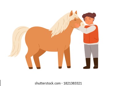 Smiling little girl hugging pony feeling love vector flat illustration. Happy child embracing and taking care to adorable horse isolated on white. Cute female kid spending time with farm animal