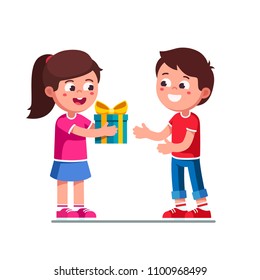 Smiling little girl kid giving boy birthday ribbon bow gift box. Children cartoon character excited kid child receiving gift from girlfriend. Child hand over holiday present. Flat vector illustration