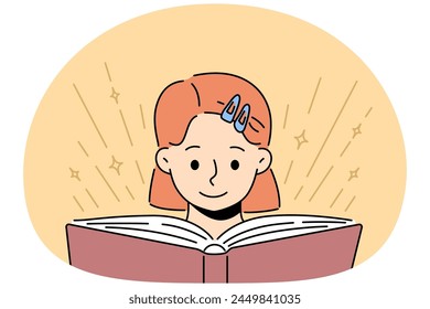 Smiling little girl kid reading book. Happy child engaged in literature reading. Childhood education and learning. Vector illustration.