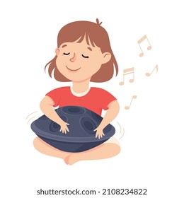 Smiling Little Girl Playing Hang or Handpan Musical Instrument Performing on Stage Vector Illustration