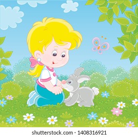 Smiling little girl playing with her small grey bunny among flowers on green grass on a summer day, vector illustration in a cartoon style