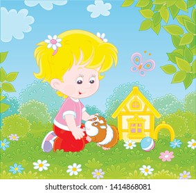 Smiling little girl playing with her small pet cavy among flowers on green grass of a lawn on a sunny summer day, vector illustration in a cartoon style