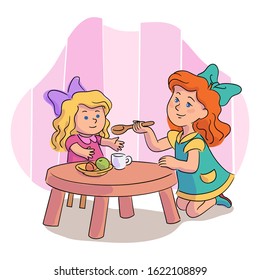 Smiling little girl playing with toys. Cheerful toddler feeding doll at table. Happy childhood, leisure and recreation at home. Children cartoon character. Funny game. Vector flat illustration