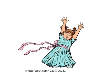 Smiling little girl raised her hands up. Happy childhood. Pop art retro vector illustration kitsch vintage 50s 60s style