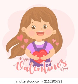 Smiling little girl with red heart for valentines or mother's day