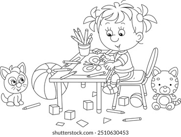 Smiling little girl sitting at her table and drawing with pencils a funny picture, black and white vector cartoon illustration for a coloring book