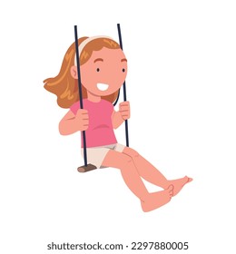 Smiling little girl swinging on swing. Happy child having fun cartoon vector illustration