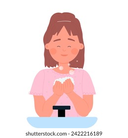 Smiling little girl washing her face. Hygiene morning routine for children cartoon vector illustration